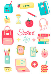 training set, student life, study stickers, school set. vector illustration in cartoon style.
