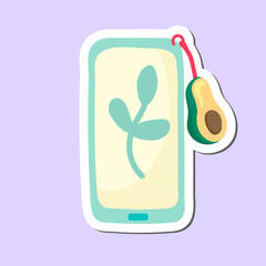 cute smartphone in cartoon style with avocado key. Illustration sticker on a blue background.