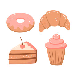 dessert for coffee. in cartoon style. donut, cupcake, cake, croissant. isolated on white background.