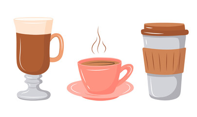 set of coffee in a glass, cup and latte. vector illustration in cartoon style