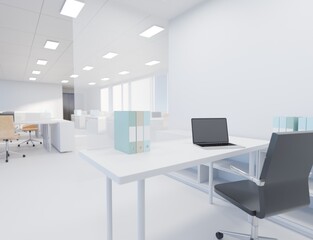 laptop on desk office room scene 3D rendering interior wallpaper background