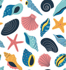 Seashell seamless pattern design. Colorful hand-drawn vector illustration. White background.
