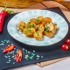 Country Style Fried Young Potato Halves On A Pale Blue Plate Which Stands On Black Stone Tray