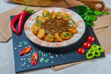 Pork Cutlet With Fried Potatoes Halves In A Plate Brown Plate Standing On Black Stone Tray 