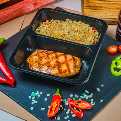 Grilled Turkey Fillet With Couscous In Plastic Box Ready For Delivery