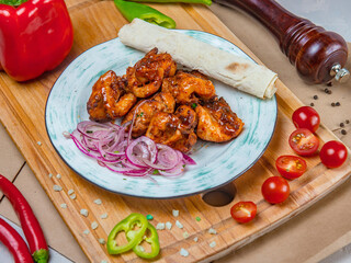 Chicken Shish Kebab With Lavash Bread And Sliced Onions In Pale Blue Plate 