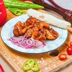 Chicken Shish Kebab With Lavash Bread And Sliced Onions In Pale Blue Plate 