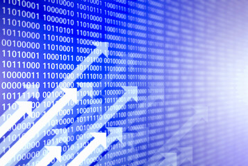 Computer technology background. Binary code on a blue background. Development to success and growing growth concept. Up arrow