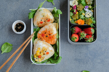 Delicious homemade Japanese cuisine / Grilled Onigiri Bento Meal / For busy professionals who...