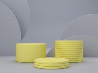 Minimal scene with podium and abstract background. Geometric shapes. Color of the year 2021. Minimal 3d render. Scene with geometrical forms and textured background for cosmetic product. 3d render. 