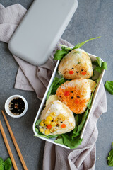 Delicious homemade Japanese cuisine / Grilled Onigiri Bento Meal / For busy professionals who packed their own take away healthy food to work