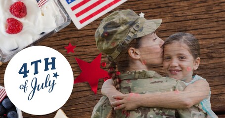 Composition of fourth of july text with female soldier holding her daughter and american flag