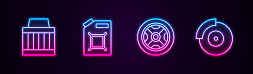 Set line Car air filter, Canister for gasoline, wheel and brake disk with caliper. Glowing neon icon. Vector