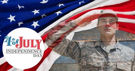 Composition of fourth of july text with saluting male soldier over american flag