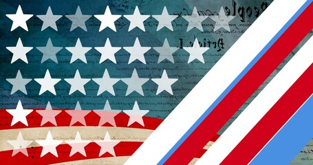 Fototapeta premium Composition of white stars and stripes of american flag over old writing