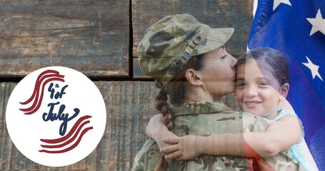 Composition of fourth of july text with female soldier holding her daughter over american flag