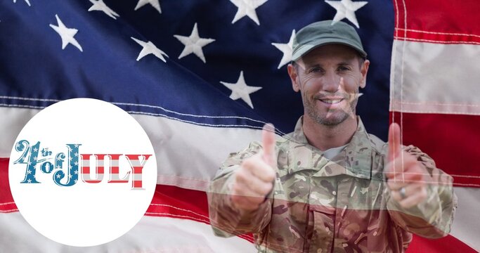 Composition of 4th of july text over soldier giving thumbs up and american flag