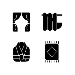 Home textile items black glyph icons set on white space. Window blinds. Bathroom curtain. Bath robes. Floor carpet. Material home products. Silhouette symbols. Vector isolated illustration