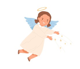 Cute happy angel with halo, wings and stars. Magic little girl with nimbus flying. Sweet divine child in dress in heavens. Colored flat vector illustration isolated on white background