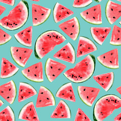 Watermelon. Seamless pattern of parts and halves on a turquoise background. High resolution watercolor 800 dpi.
