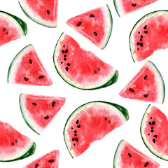 Watermelon. Seamless pattern of parts and halves on a white background. High Resolution Watercolor 800 dpi.
