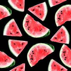 Watermelon. Seamless pattern of parts and halves on a black background. 800 dpi high resolution watercolor.
