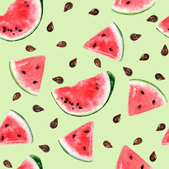 Watermelon. Seamless pattern of parts and halves. 800 dpi high resolution watercolor.
