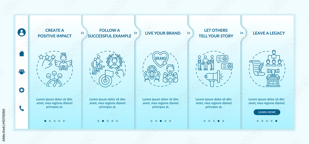 Poster personal brand rules onboarding vector template. responsive mobile website with icons. web page walk