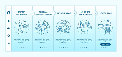Personal brand rules onboarding vector template. Responsive mobile website with icons. Web page walkthrough 5 step screens. Self influencer promotion color concept with linear illustrations