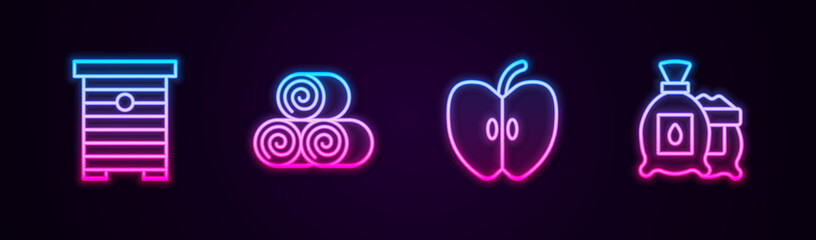 Set line Hive for bees, Roll of hay, Apple and Pack full seeds plant. Glowing neon icon. Vector
