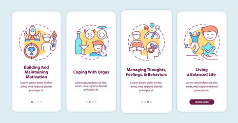 Fototapeta na wymiar Addiction recovery steps methods onboarding mobile app page screen with concepts. Build motivation walkthrough 4 steps graphic instructions. UI, UX, GUI vector template with linear color illustrations
