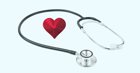 Composition of red heart and stethoscope with copy space on white background