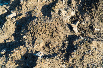 The dry cracked ground, Ground in drought, Soil texture and dry mud, Dry land, for use background or wallpaper, copy space for text.