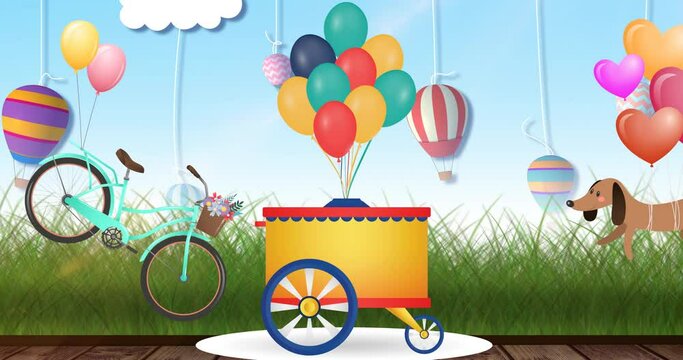 Animation of stand with balloons, bicycle and dog on blue background