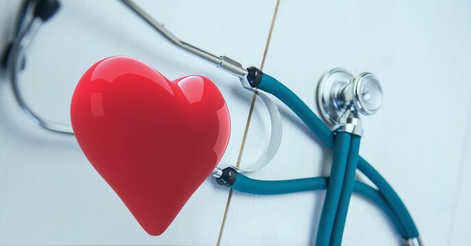 Composition of red heart and stethoscope with copy space on white background