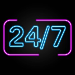 24 by 7 neon sign, modern glowing banner design, colorful modern design trends on black background. Vector illustration.