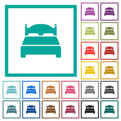 Double bed flat color icons with quadrant frames