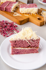 Taro Cheesecake is a sweet dessert consisting of two layers. The main, and thickest, layer consists of a mixture of a soft, fresh cheese (typically cottage cheese, cream cheese), eggs, and sugar.