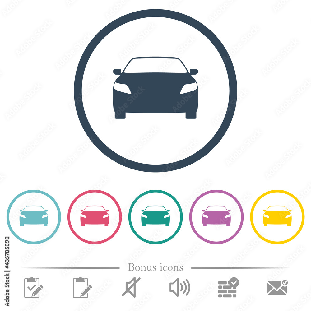 Sticker sport car front view flat color icons in round outlines