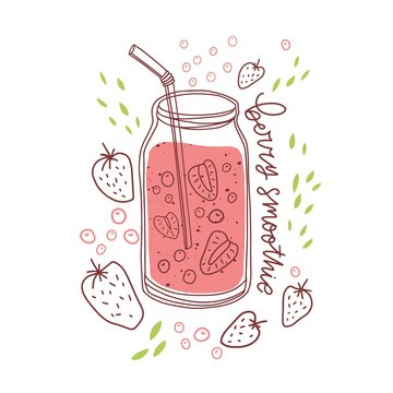 Glass jar of berry smoothie with straw. Healthy strawberry drink. Composition with natural organic cocktail bottle. Colored flat vector illustration of summer beverage isolated on white background