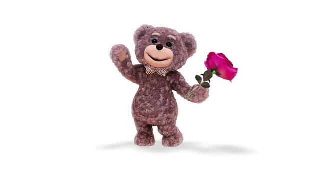 3d Character Teddy Bear with Flower Loop on White Background