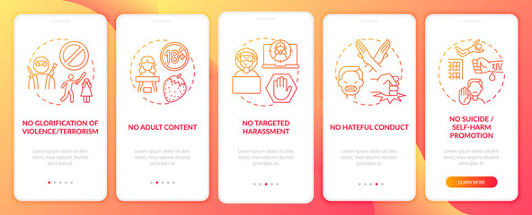 Social media conversation safety onboarding mobile app page screen with concepts. No violence walkthrough 5 steps graphic instructions. UI, UX, GUI vector template with linear color illustrations