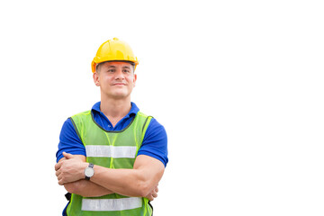 Cheerful engineer man in hard hat with clipping path with arms crossed on white background