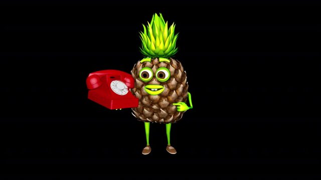 3d Character Pineapple Shows Phone Loop on Alpha Channel