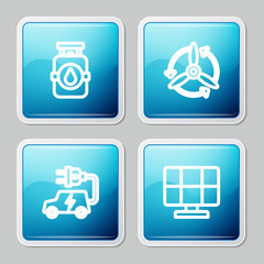 Set line Propane gas tank, Wind turbine, Electric car and Solar energy panel icon. Vector