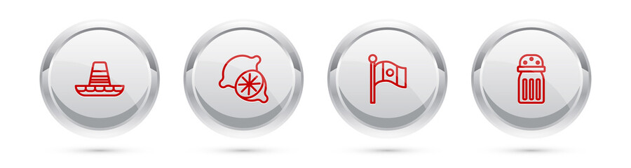 Set line Mexican sombrero, Lime, Mexico flag and Salt. Silver circle button. Vector