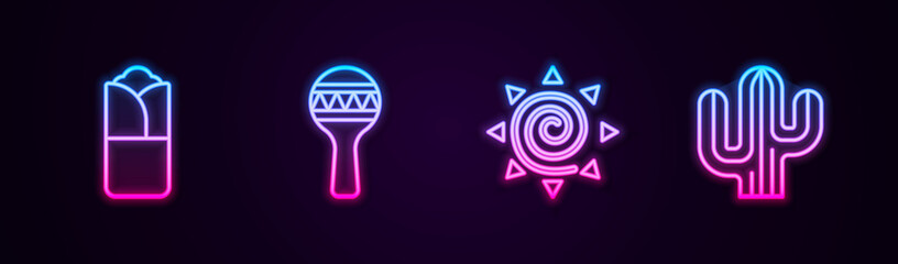 Set line Burrito, Maracas, Sun and Cactus. Glowing neon icon. Vector
