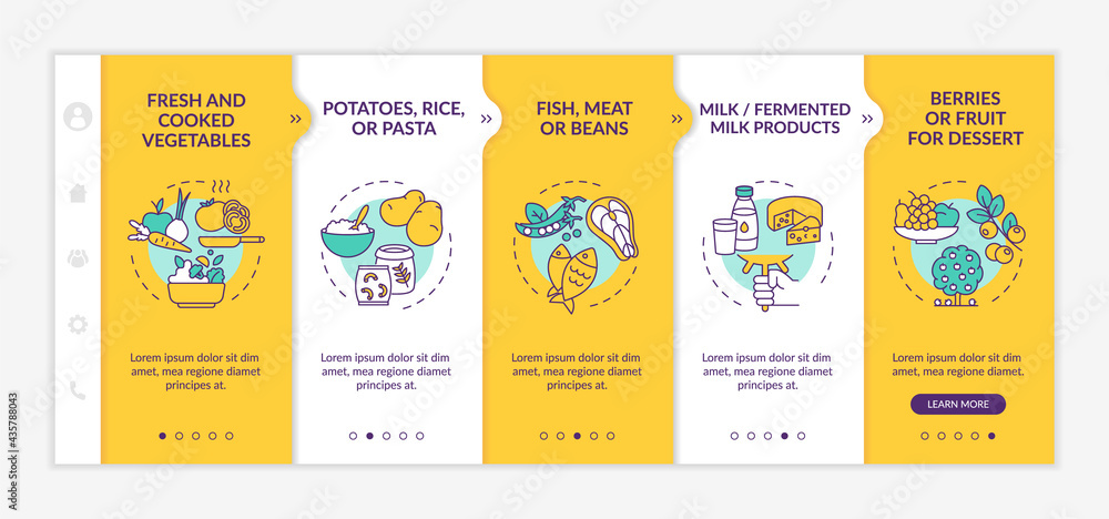 Poster healthy school meal components onboarding vector template. responsive mobile website with icons. web