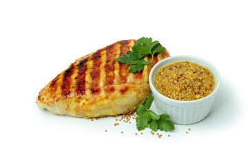 Grilled chicken meat, parsley and mustard isolated on white background
