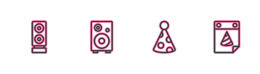 Set line Stereo speaker, Party hat, and Calendar party icon. Vector